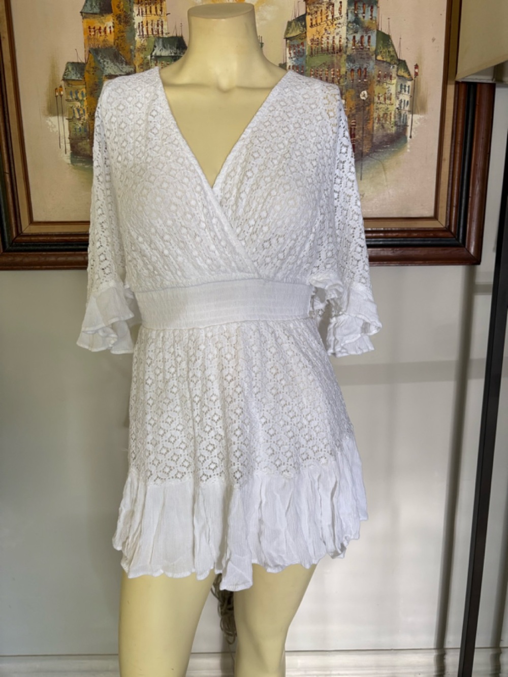 Japna White Lace Tie-Back Ruffled Hem Mini Dress Size Small